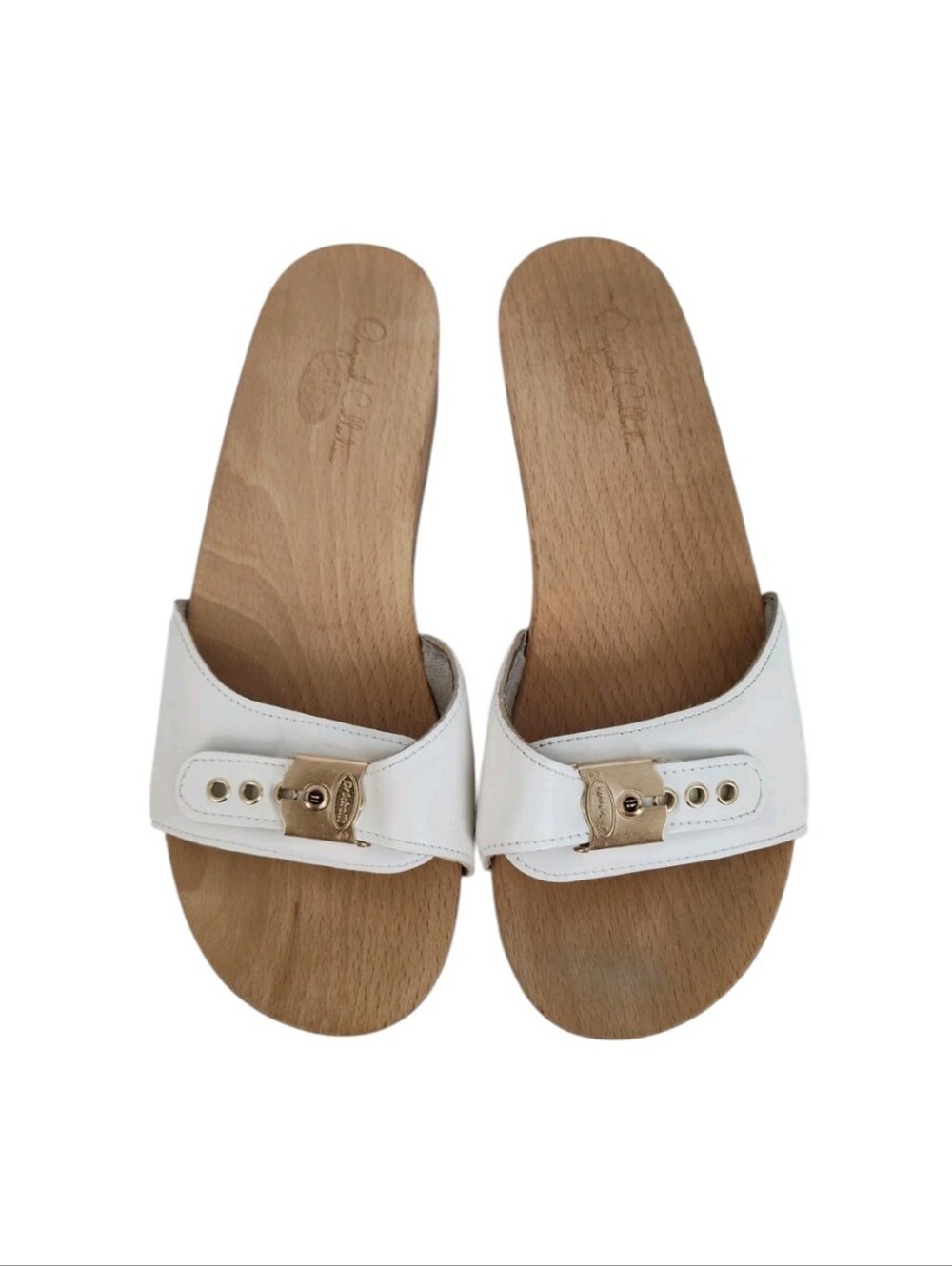 Dr. Scholl's Original Sandals Women's Size 8 Wooden Slides White Leather Upper - Picture 6 of 6